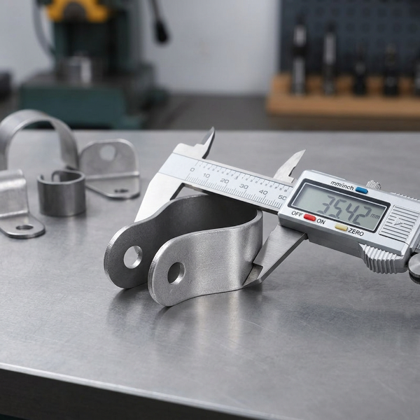 Custom metal stamping bracket measured with a caliper during quality inspection.