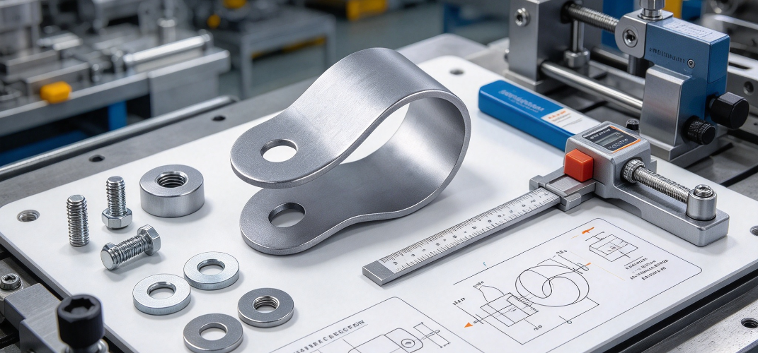 Custom metal stamping part on sample board with bolts fixtures measurement labels and workshop background.